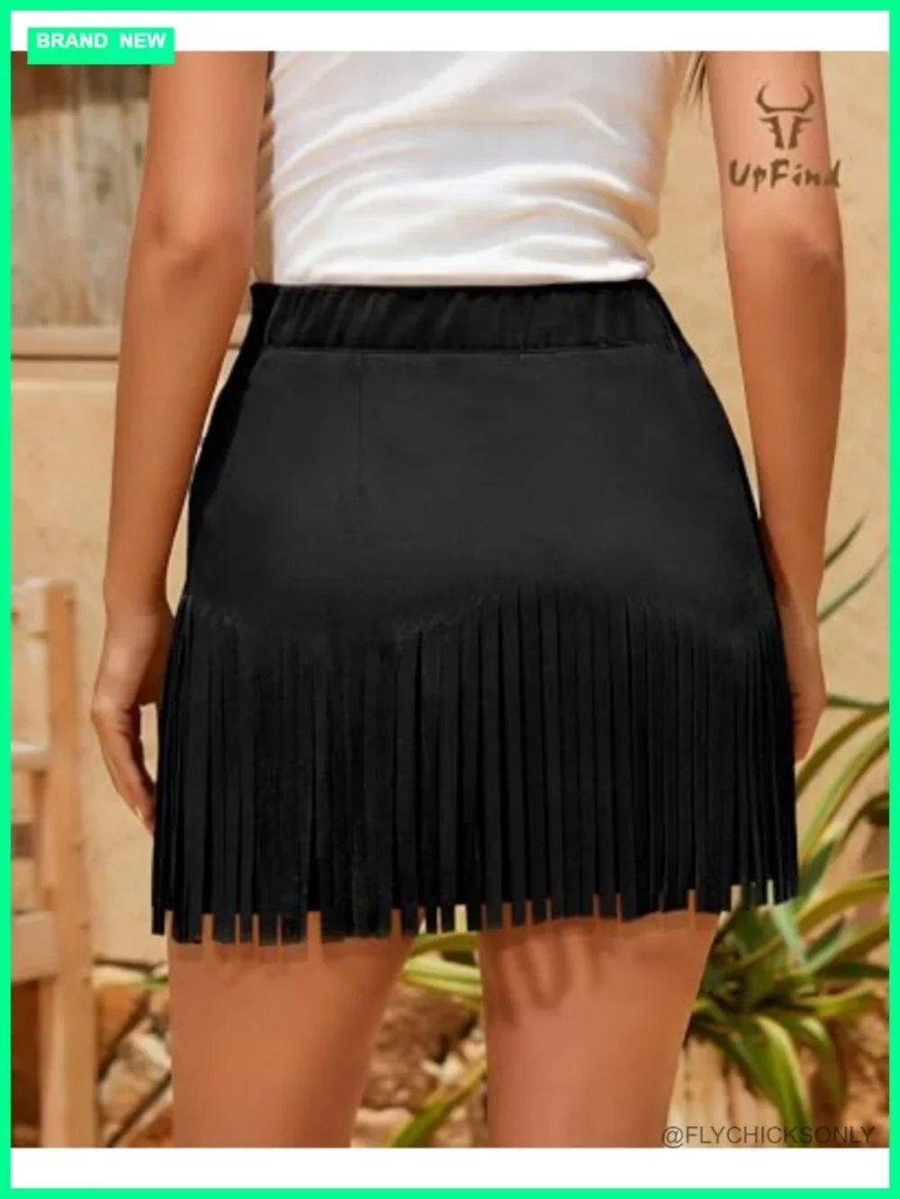 Faux Suede Fringe Mini Skirt High Waist Elastic Cowgirl Skirt with Rivets Zipper
